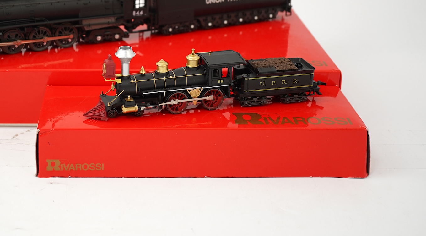 Two boxed HO gauge Rivarossi Union Pacific models; (5429) 844, 4-8-4 FEF3 tender locomotive, together with (5423) 66, 4-4-0 American tender locomotive, both powered for two rail operation.